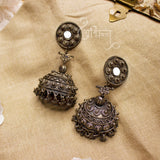 Abhinn Silver Oxidised Temple Design Long Jhumka Earrings For Women 