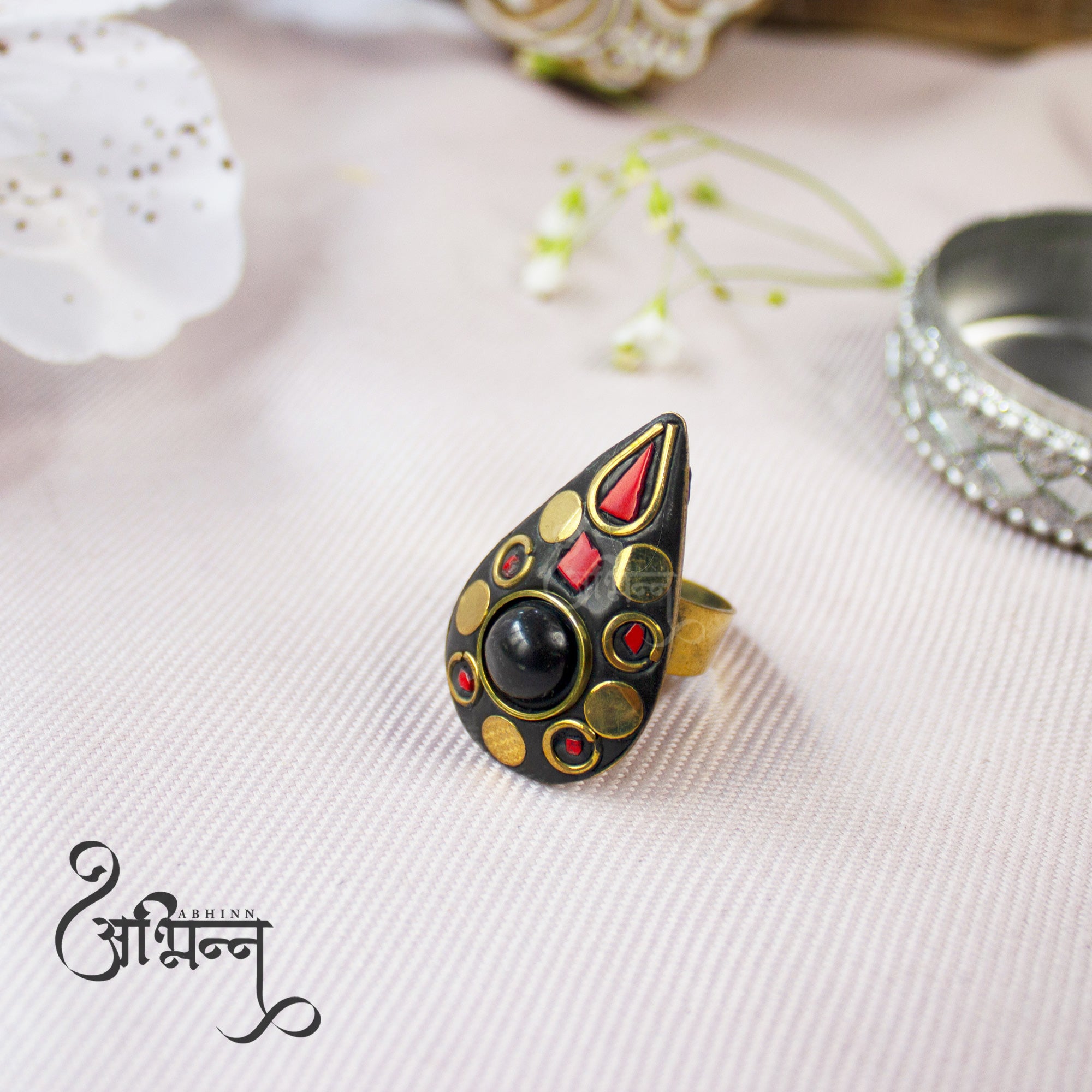 Abhinn Latest Bohemian Black Golden Ring with Boho Tibetian Stone Work