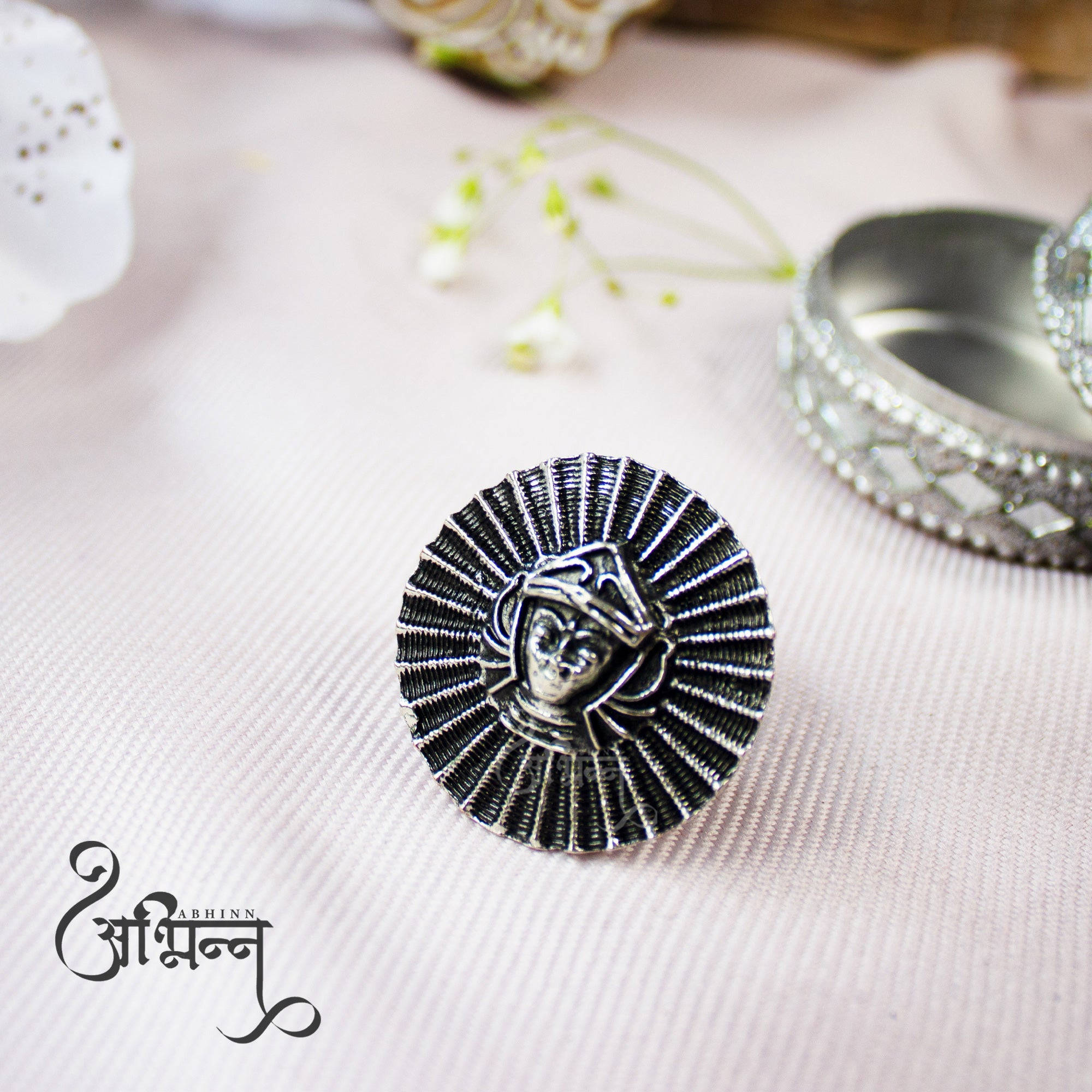 Abhinn Antique Silver Oxidised Durga Design Ring For Women