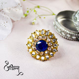 Abhinn Beautiful Royal Golden Plated Round Floral Design Ring with Blue White Crystal Stones