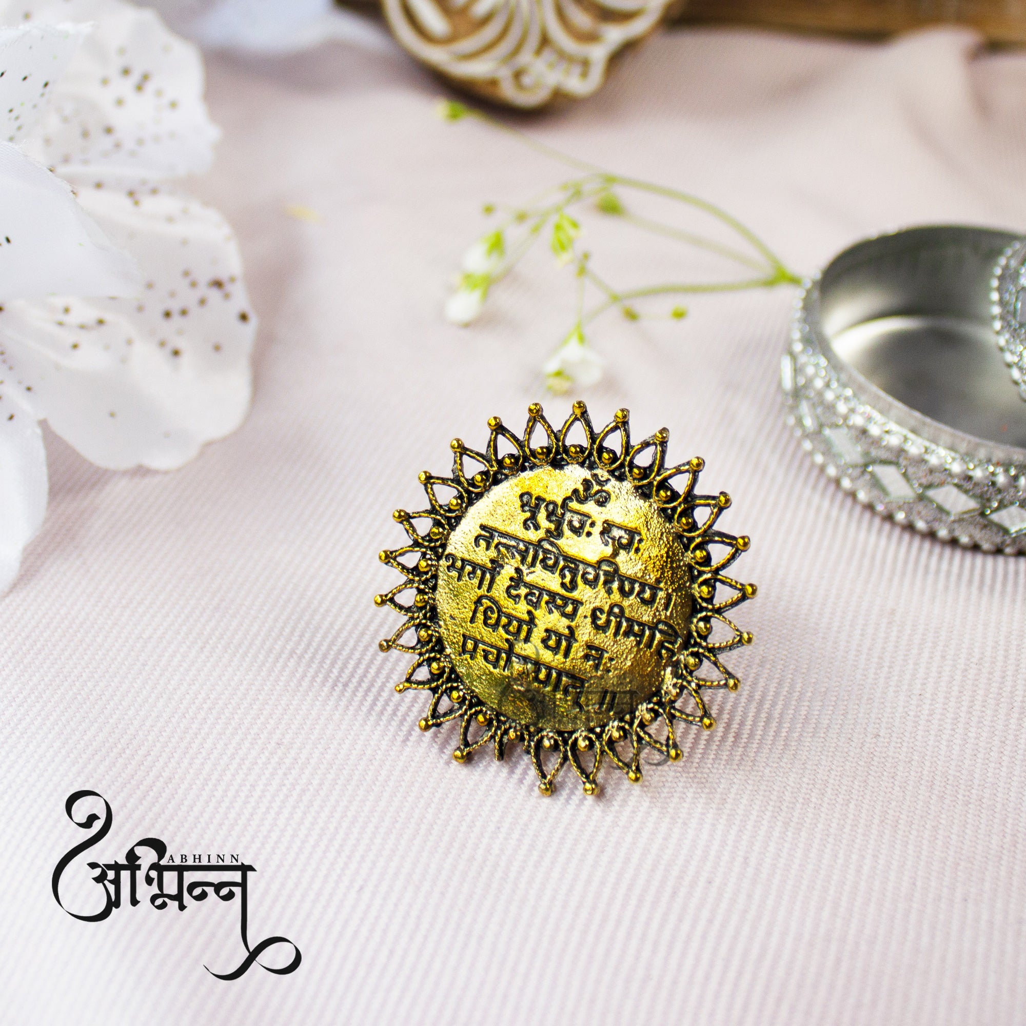 Abhinn Oxidised Gayatri Mantra Design Sun Shaped Ring For Women